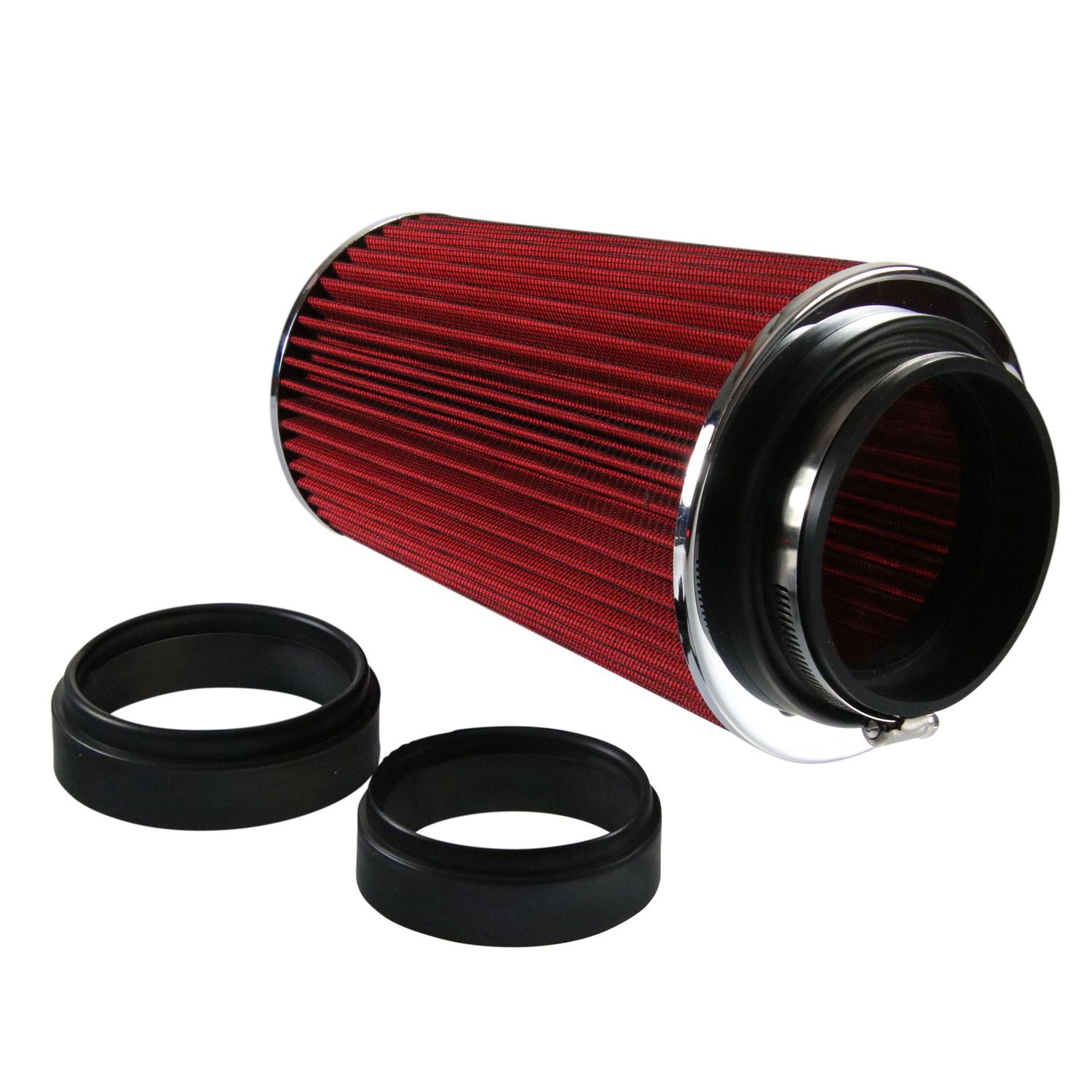 Conical High Flow Air Filter Multi Fit 3"-3.5"-4". 10" Tall Red/Chrome