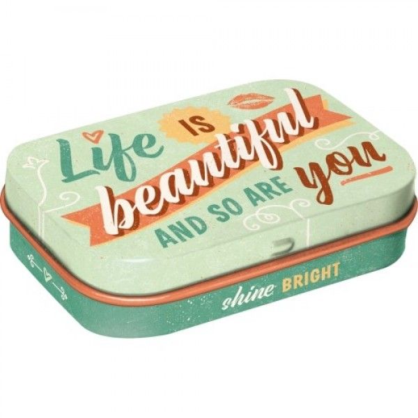 MintBox: Life is Beautiful Size:4x6 x1.6cm sugar free mints 34gm MintBox: Life is Beautiful Size:4x6 x1.6cm sugar free mints 34gm