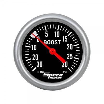 ​Speco Meter 2-5/8" Mechanical 30 Hg to 30 PSI Boost Gauge - Black Dial Silver Bezel