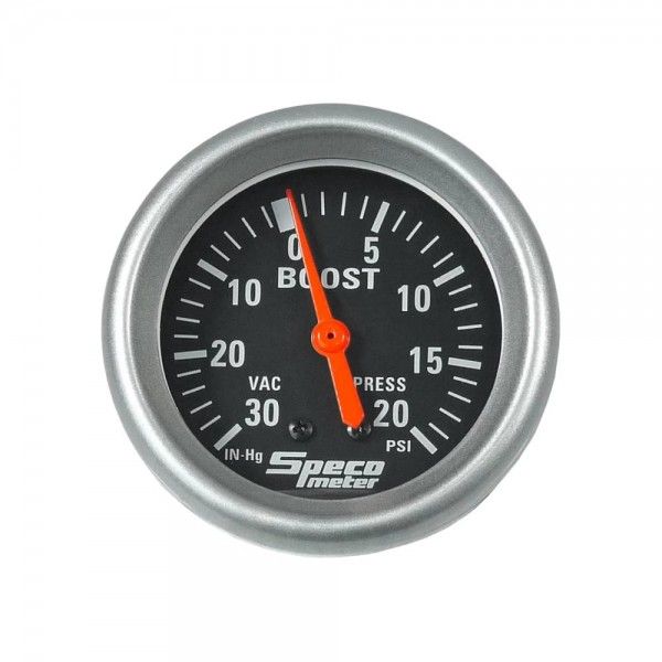 Speco Meter 2-5/8 Speco Meter 2-5/8" Mechanical 30 Hg to 20 PSI Boost Gauge - Black Dial Silver Bezel