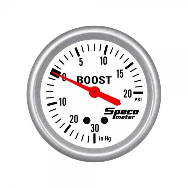 Speco Meter 2-5/8 Speco Meter 2-5/8" Mechanical 30 Hg to 20 PSI Boost Gauge - White Dial Silver Bezel