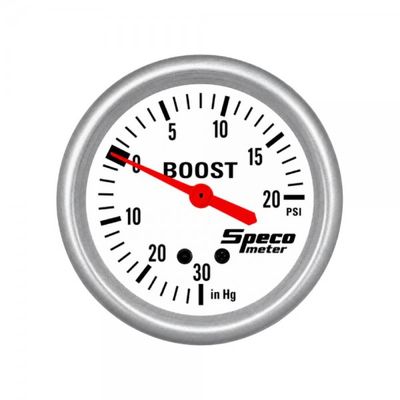 ​Speco Meter 2-5/8" Mechanical 30 Hg to 20 PSI Boost Gauge - White Dial Silver Bezel