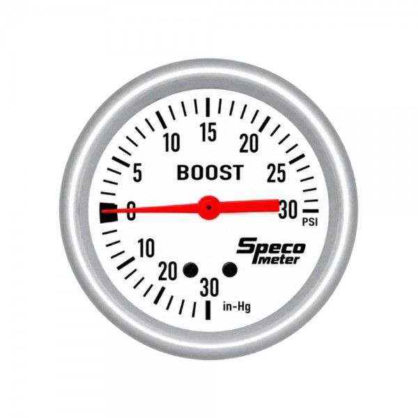 Speco Meter 2-5/8 Speco Meter 2-5/8" Mechanical 30 Hg to 30 PSI Boost Gauge - White Dial Silver Bezel