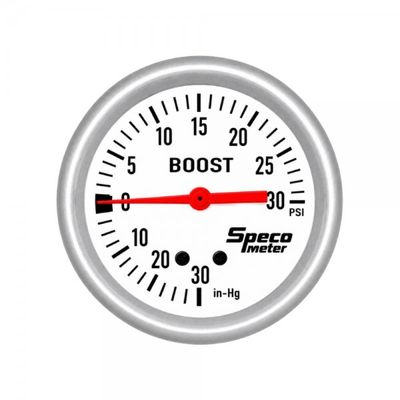 ​Speco Meter 2-5/8" Mechanical 30 Hg to 30 PSI Boost Gauge - White Dial Silver Bezel