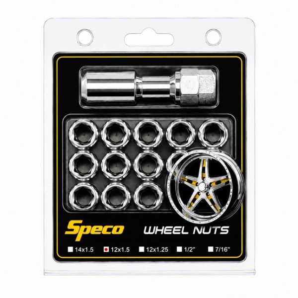 Chrome Steel Wheel Tuner Nuts - Set of 16 with Key - 12mm x 1.5 Thread