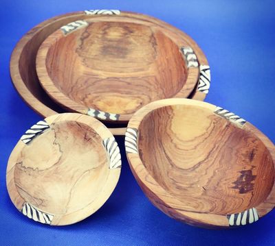 Handcarved Kenyan Wood Spice Bowls with Bone Inlay