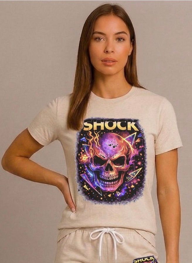 Shock Flame Skull T-shirt Beige