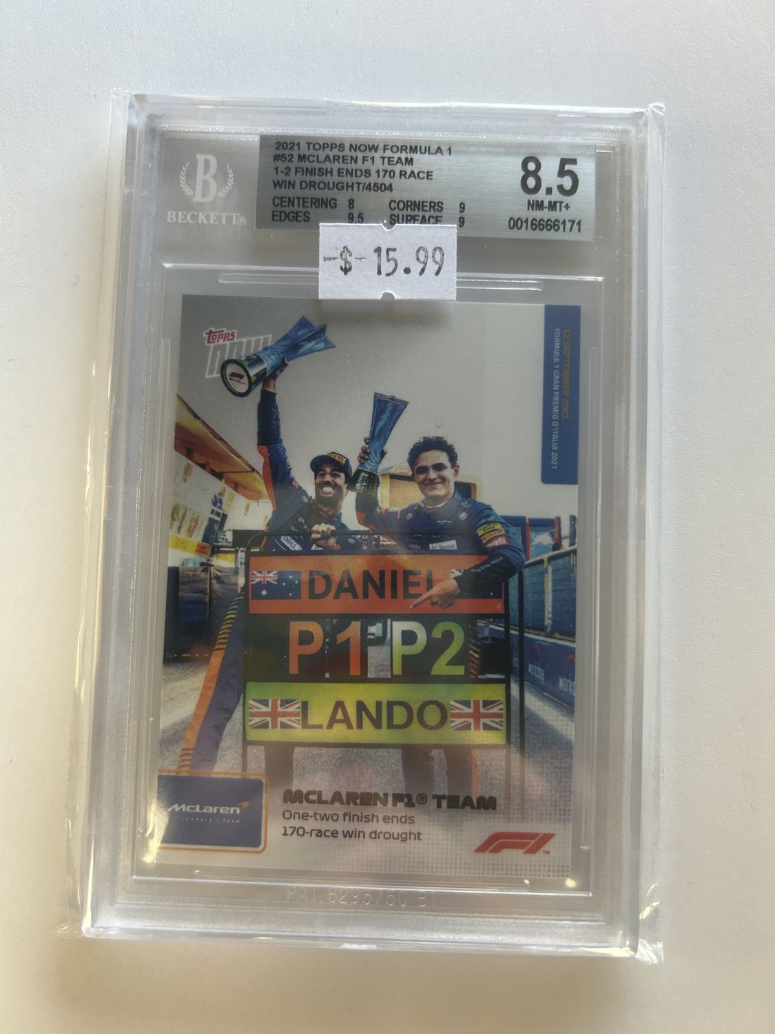 BGS - 8.5 2021 Topps Now Formula 1 #52 McLaren F1 Team 1-2 Finish Ends 170 Race Win Drought/4504 [0016666171]