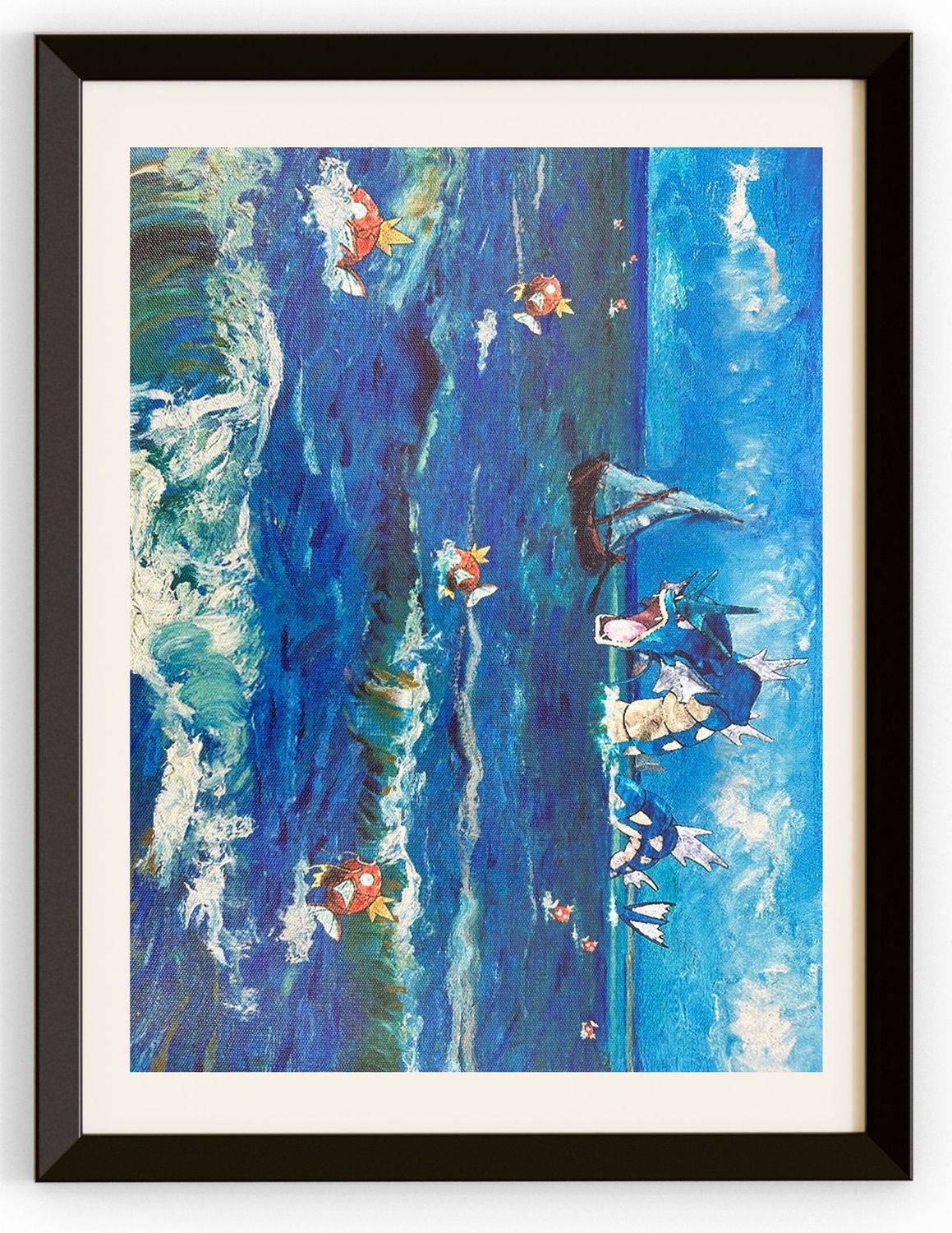 Gyarados &amp; Magikarp Swimming Through The Waves With A Sailboat Canvas Prints