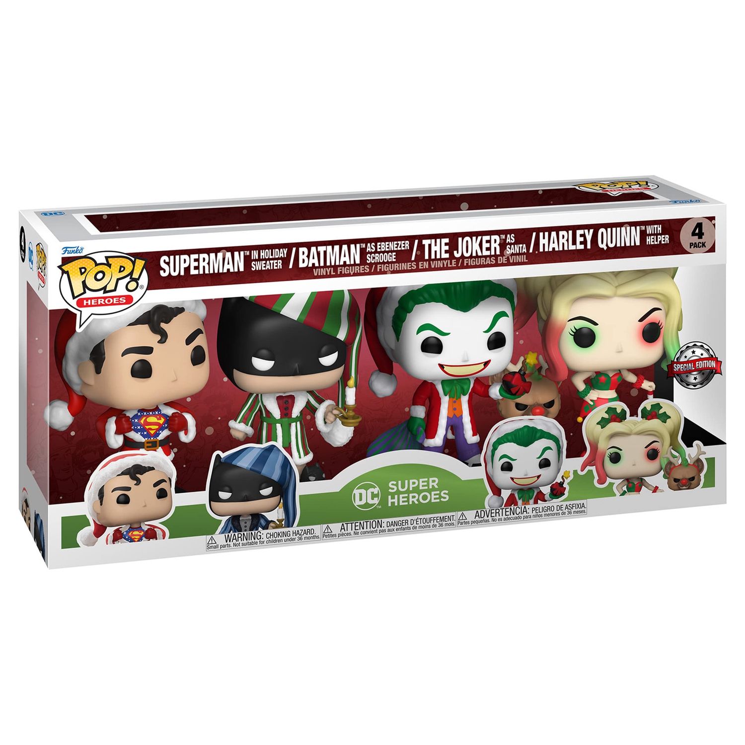 4-Pack - Superman In Holiday Sweater, Batman as Ebenezer Scrooge, The Joker As Santa, Harley With Helper Funko Pop