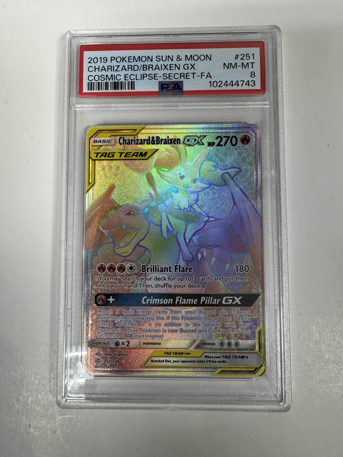 PSA 8 2019 Pokemon Sun &amp; Moon Charizard/ Braixen GX Cosmic Eclipse Secret FA #251 (102444743)