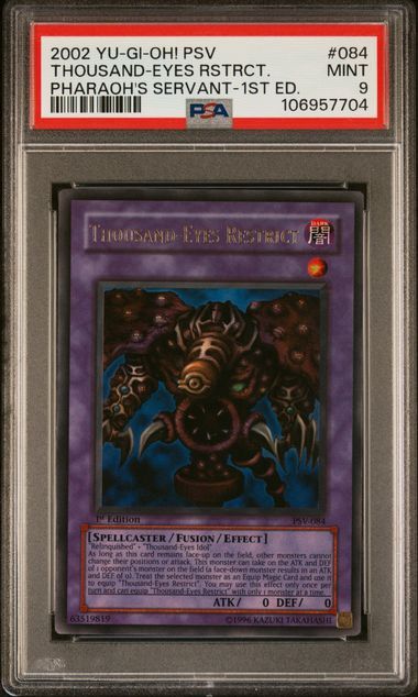 PSA 9 2002 Yu-Gi-Oh! PSV Thousand-Eyes Restrict Pharaoh's Servant 1st Edition #084 (106957704)
