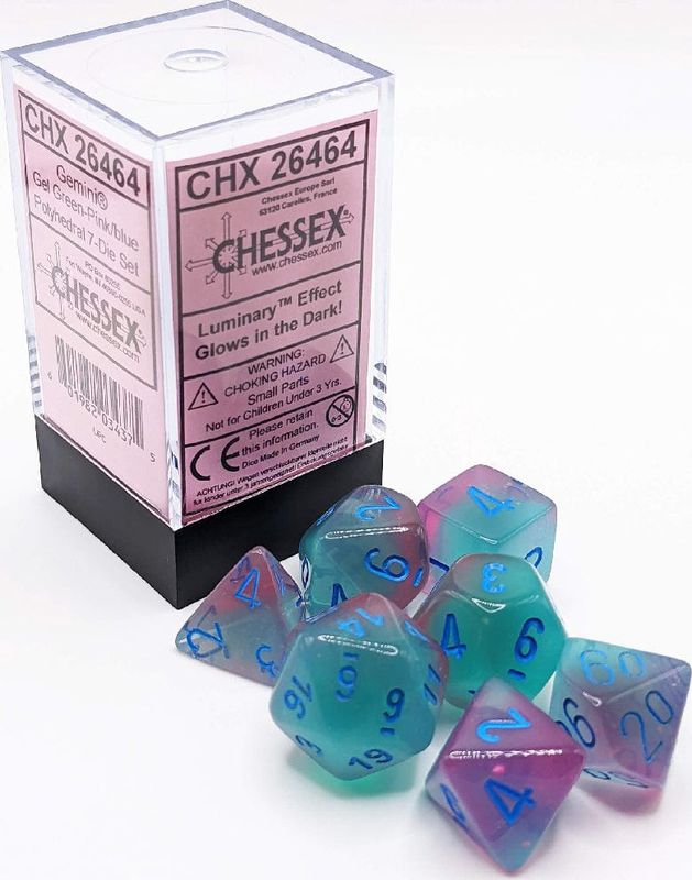 Chessex 7 Die Gemini Gel Green-Pink/blue Polyhedral Set
