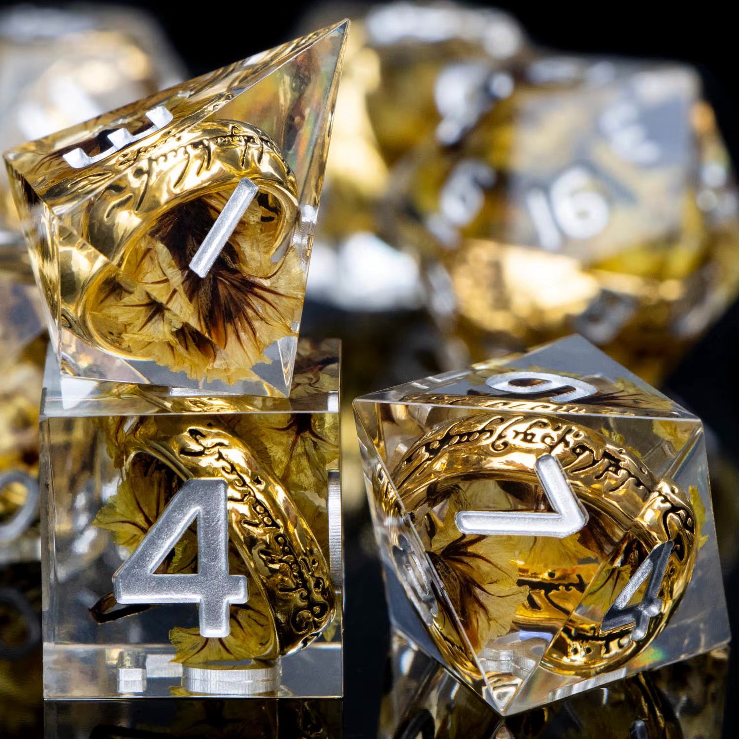Clear With Brown Flowers And One Ring 7 Piece Dice Set