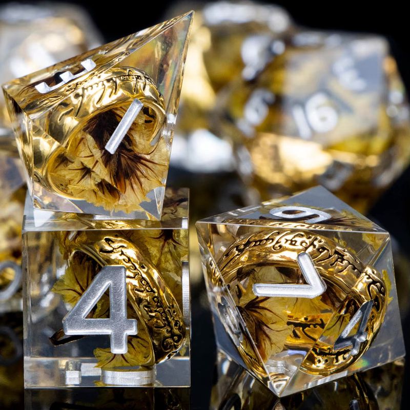 Clear With Brown Flowers And One Ring 7 Piece Dice Set
