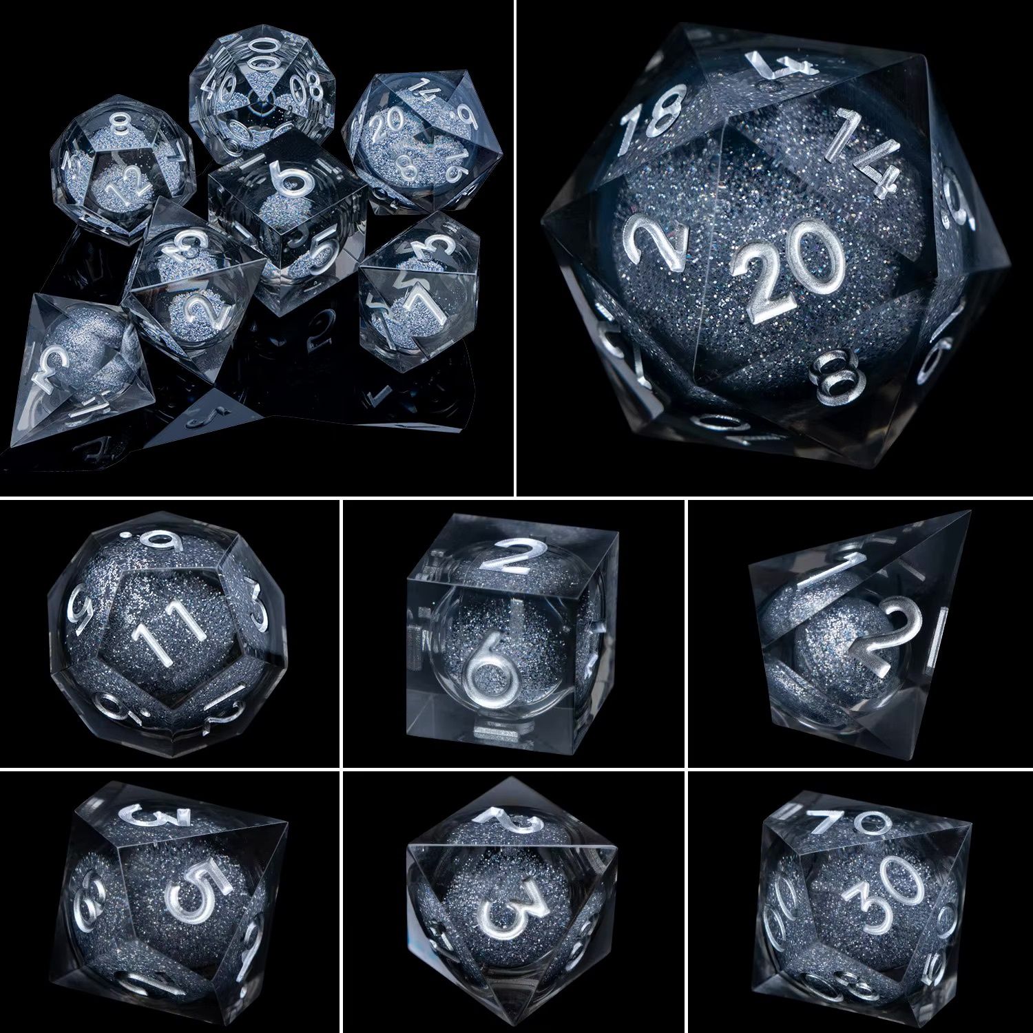 Clear With Silver Glitter Liquid Core 7 Piece Dice Set