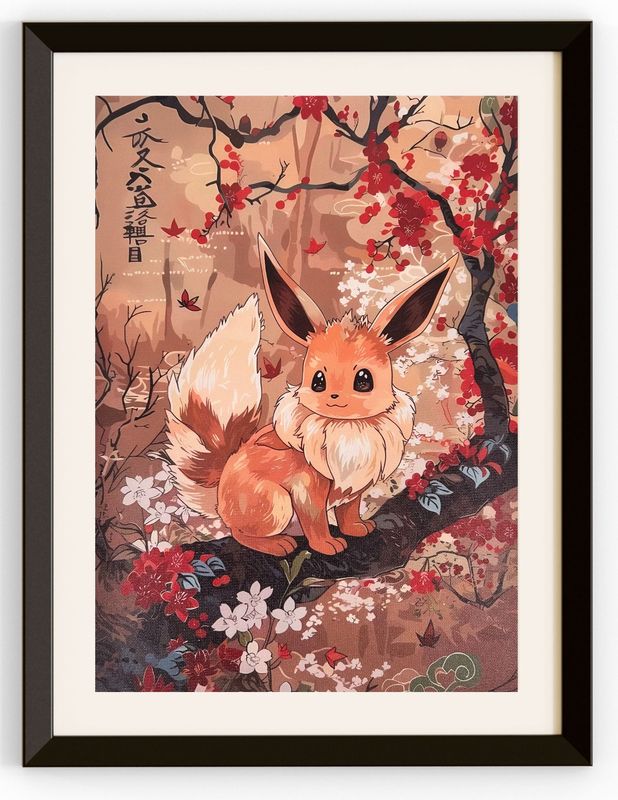 Eevee Sitting On A Branch With Red &amp; White Flowers Canvas Print