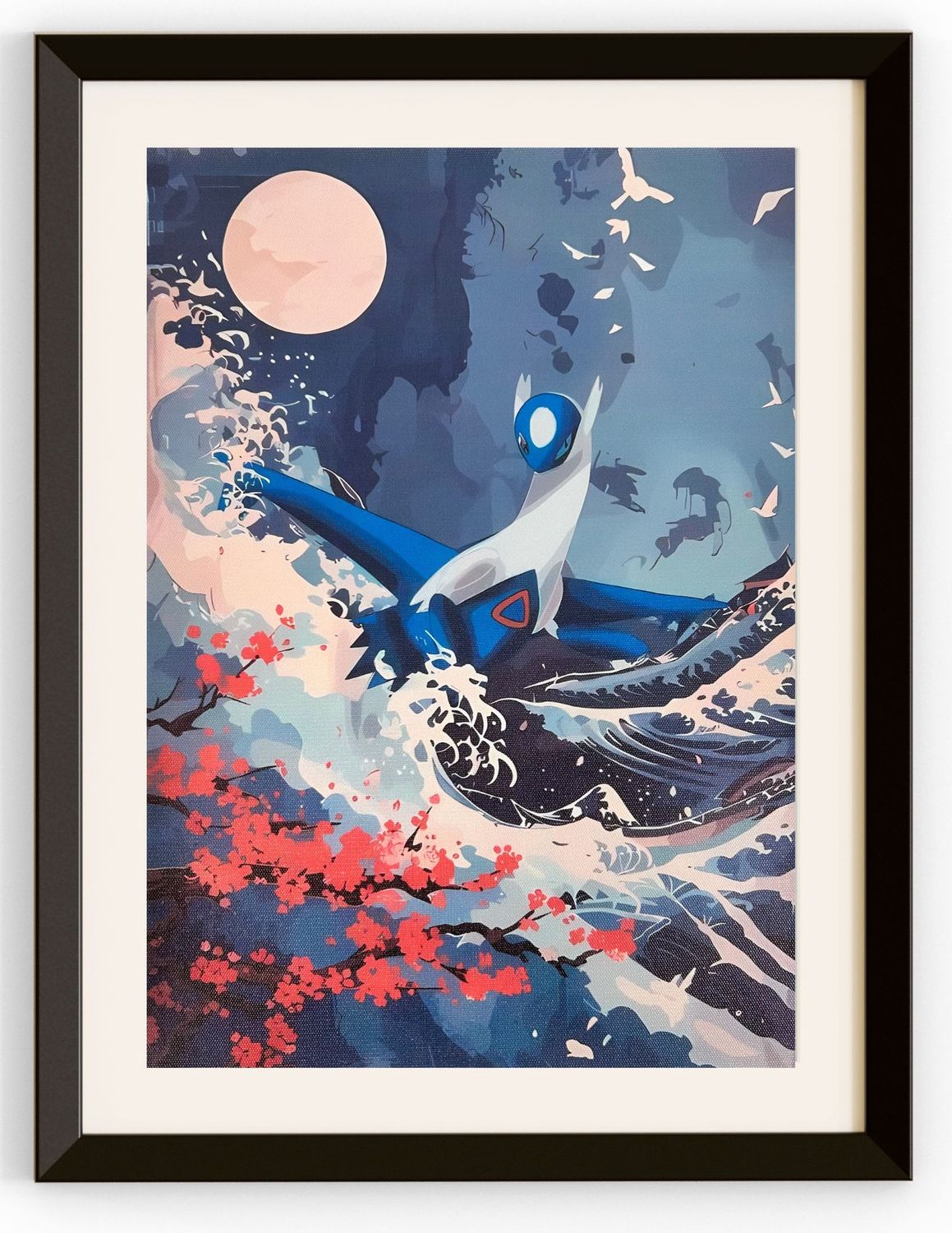 Latios With A Backdrop of Waves Cherry Blossoms &amp; Moon
