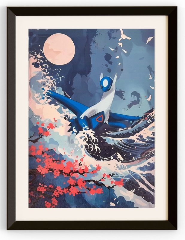 Latios With A Backdrop of Waves Cherry Blossoms &amp; Moon