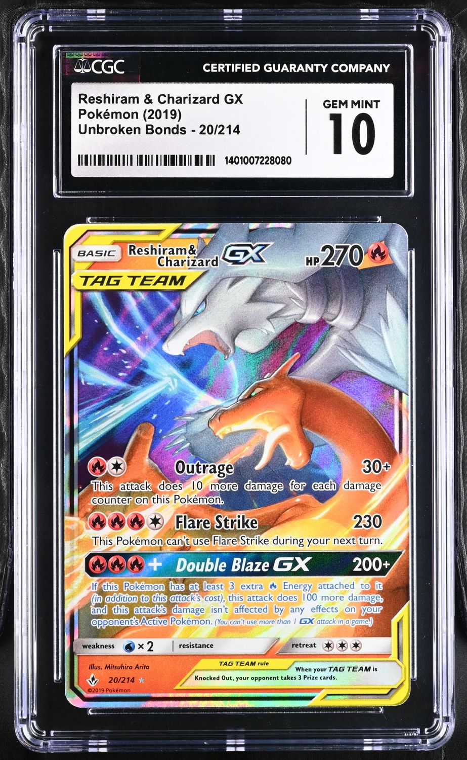 CGC - Gem Mint 10 Reshiram &amp; Charizard GX Pokemon (2019) Unbroken Bonds - 20/214 [1401007228080]
