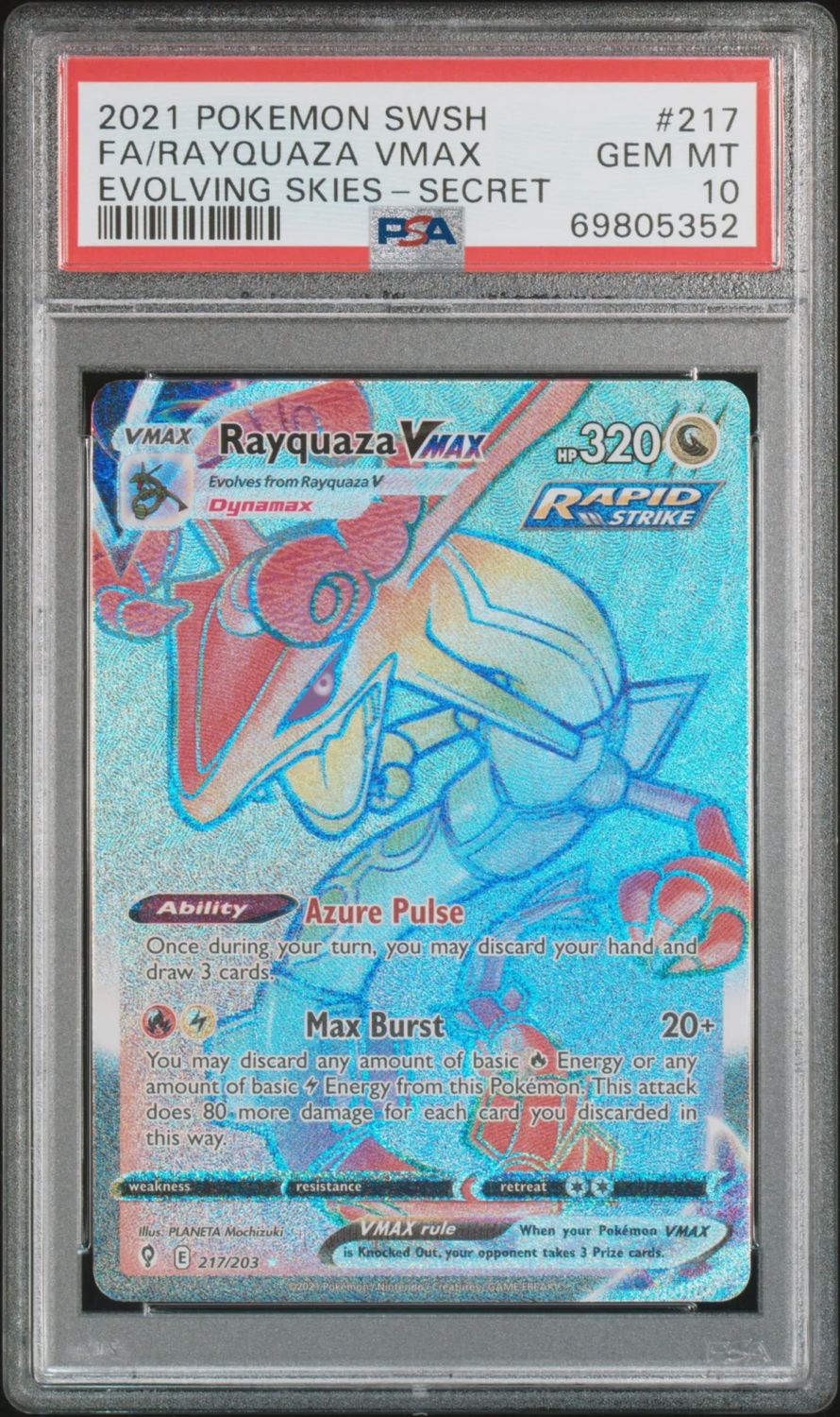 PSA - #217 GEM MT 10 2021 Pokemon Rayquaza VMax [Evolving Skies-Secret](69805352)