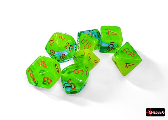 Chessex - Gemini Plasma Green-Teal/orange Luminary Polyhedral 7-Dice Set - CHX 26470