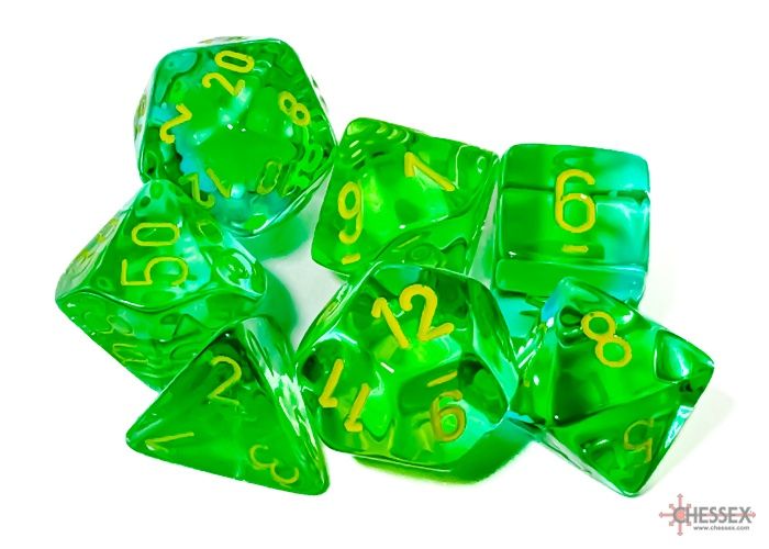 Chessex - Gemini Translucent Green-Teal/yellow Polyhedral 7-Dice Set - CHX 26466