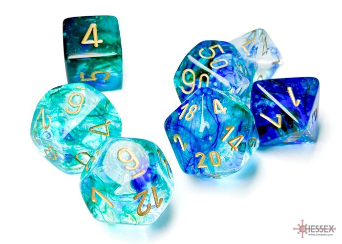 Chessex -Nebula Oceanic/gold Luminary Polyhedral 7-Dice Set - CHX 27556