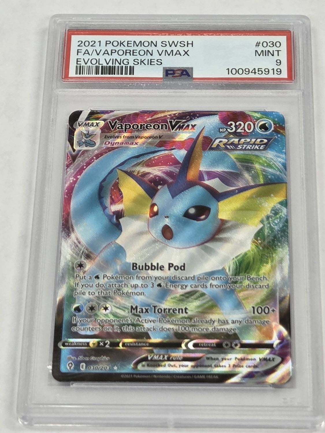 PSA- 9 - 2021 Pokemon Vaporeon Vmax - SWSH Evolving Skies - #30 - [100945919]
