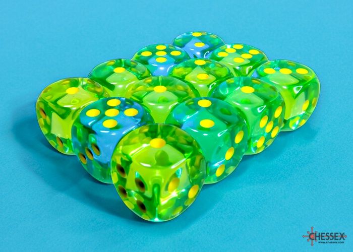 Chessex - Gemini Translucent Green-Teal/yellow 16mm d6 Dice Block - 12 Dice - CHX 26666