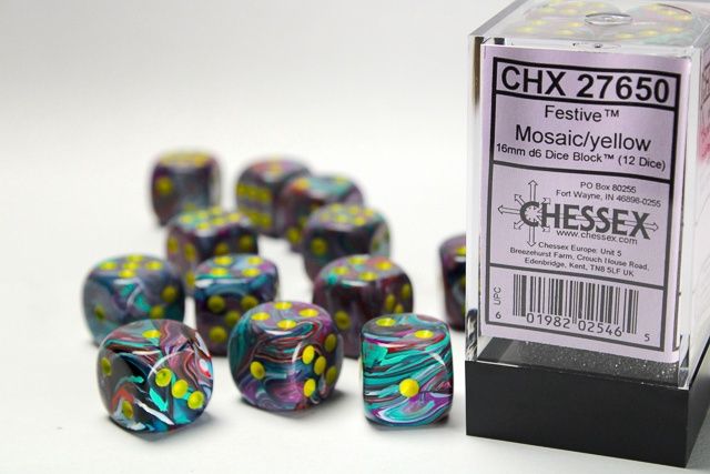 Chessex - Festive Mosaic/yellow 16mm d6 Dice Block - 12 Dice - CHX 27650