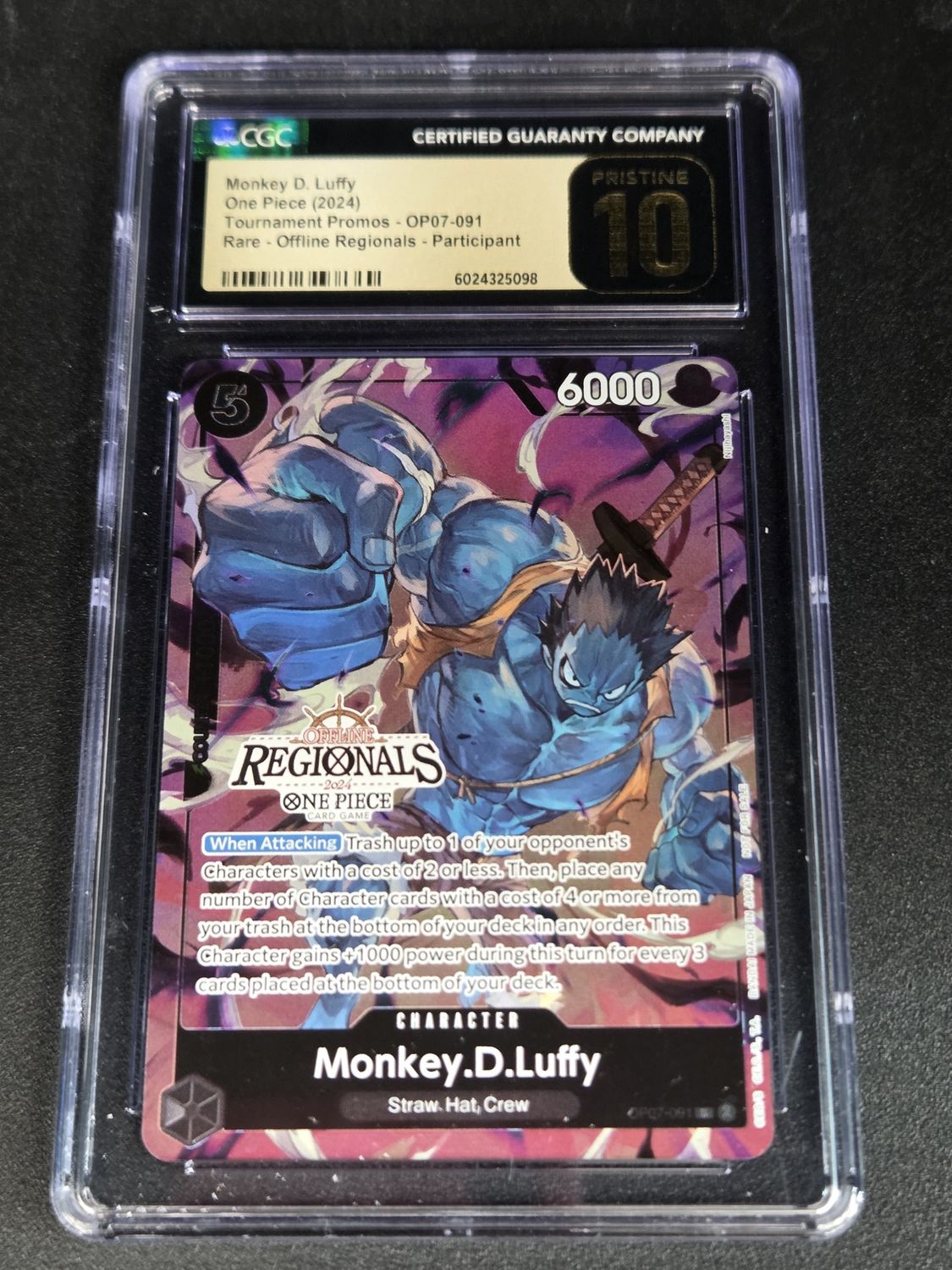 CGC - 10 - 2024 One Piece Monkey D Luffy Tournament Promos Rare Offline Regionals Participant OP07-091 [6024325098]