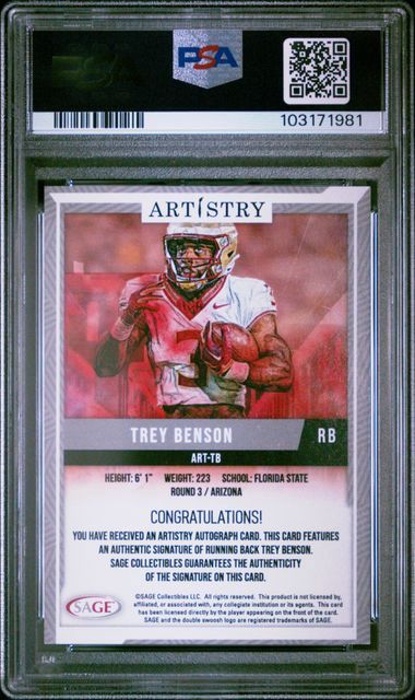 PSA- 8 2024 SAGE ARTISTRY AUTOGRAPHS #ARTTB TREY BENSON AUTOGRAPHS-DARK BLUE [103171981]
