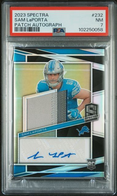 PSA 7 - 2023 PANINI SPECTRA #232 SAM LaPORTA PATCH AUTOGRAPH (102250058)