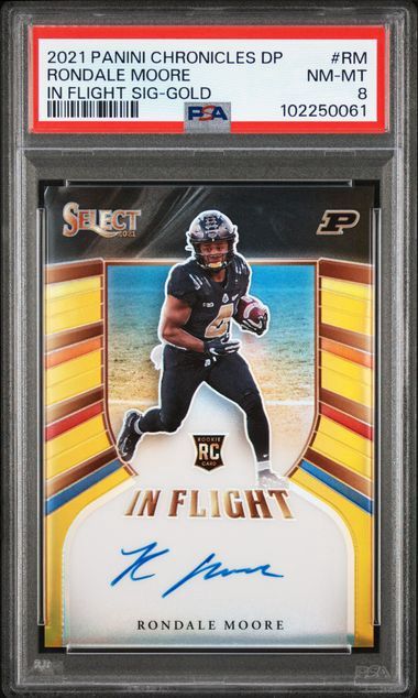 PSA 8 -  2021 PANINI CHRONICLES DRAFT PICKS IN FLIGHT SIGNATURES #RM RONDALE MOORE IN FLIGHT SIG-GOLD (102250061)