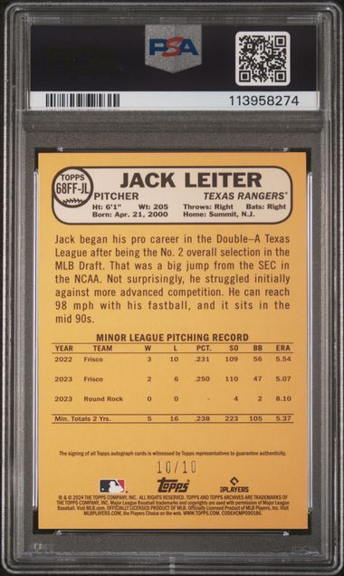 PSA 8 - 2024 Archives Jack Leiter Fan Favorites Auto-Red Foil #68FFJL [113958274]