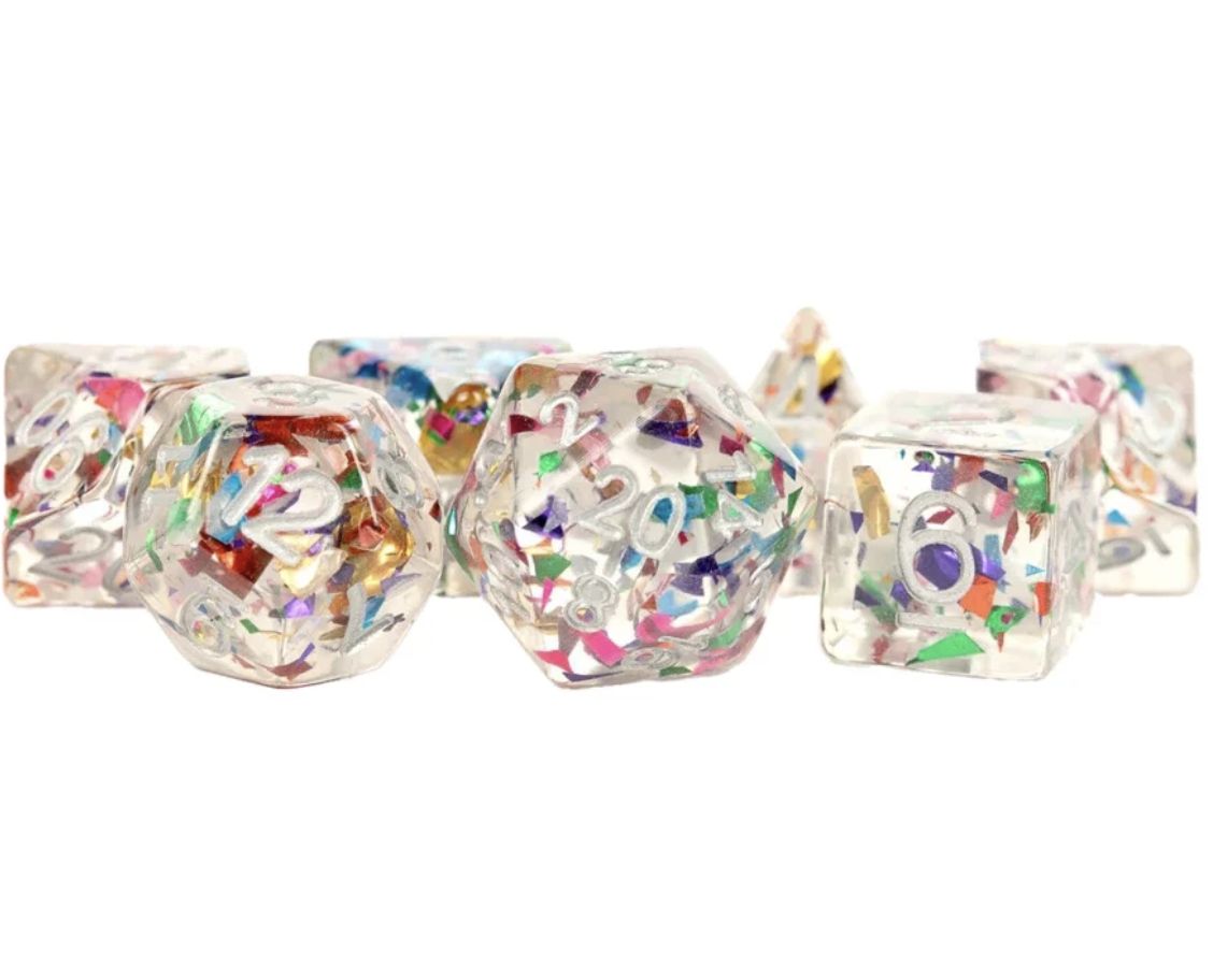 7-Set: 16mm: Resin Poly Rainbow Foil Dice Set