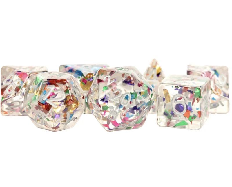 7-Set: 16mm: Resin Poly Rainbow Foil Dice Set