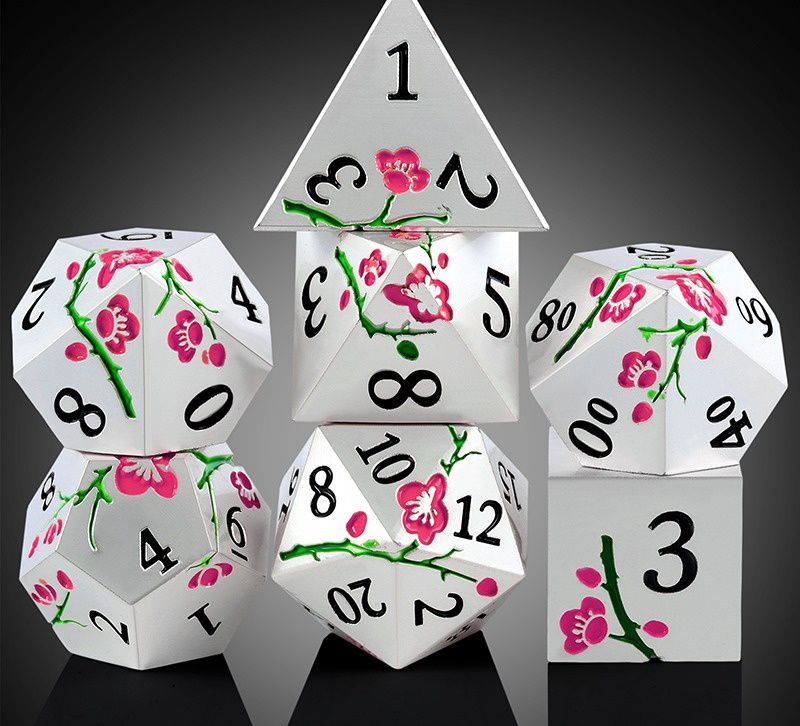 Metal &amp; Enamel Dice Set (7pcs) (Sakura) [Silver &amp; Pink]