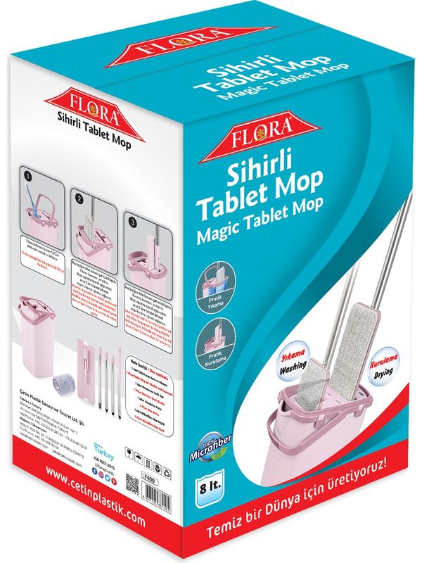 Serpillère plate et seau avec essoreur, avec 3 lingettes en microfibre lavables, utilisation humide et sèche, système de nettoyage du sol - 8 lt - couleur ROSE  Dimension: 20X23X37 cm