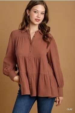 Cotton Gauze Button Down Tiered Top with Long Sleeve
