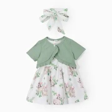 2pcs Cardigan and Floral Print Dress with Headband