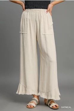 Linen Wide Frayed Hem Pants