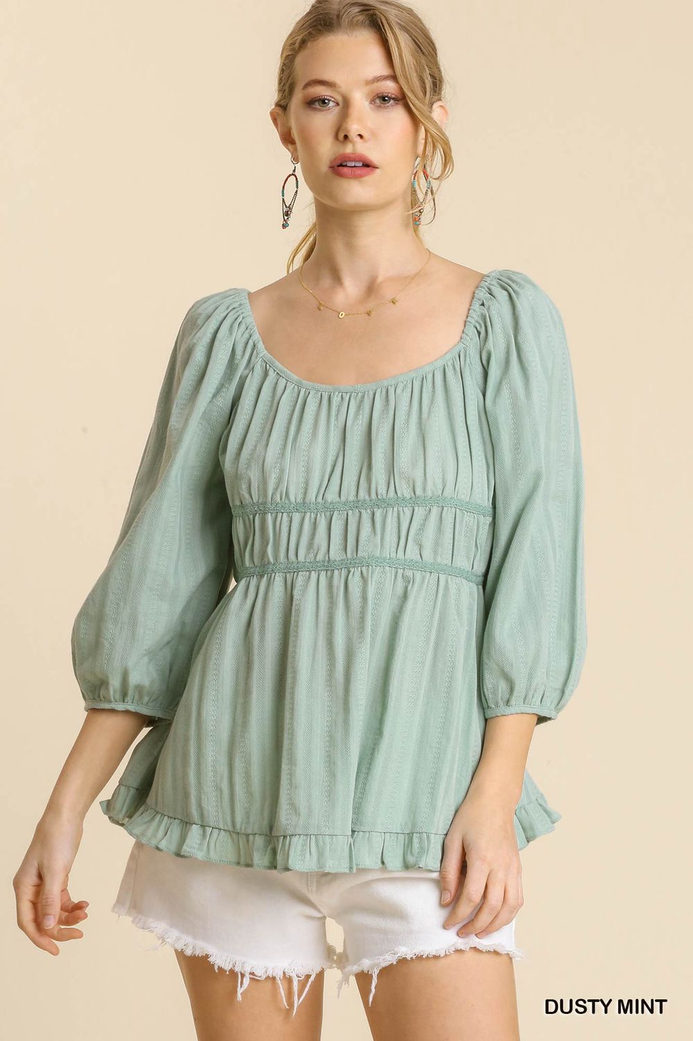 3/4 Sleeve Texture Top Dusty Mint