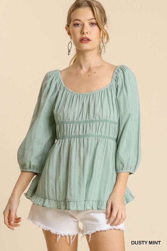 3/4 Sleeve Texture Top Dusty Mint