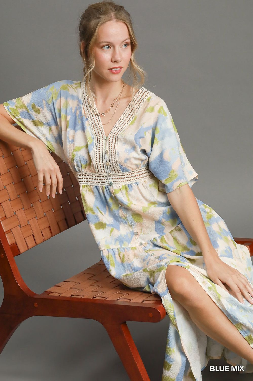 Abstract Print Dress with Lace Inserts