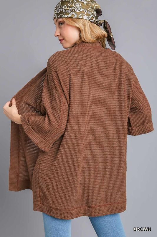 Chunky Waffle Knit Cardigan With Side Slit
