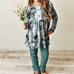 Kids Sage Green Floral Tunic Top &amp; Legging Pants Set
