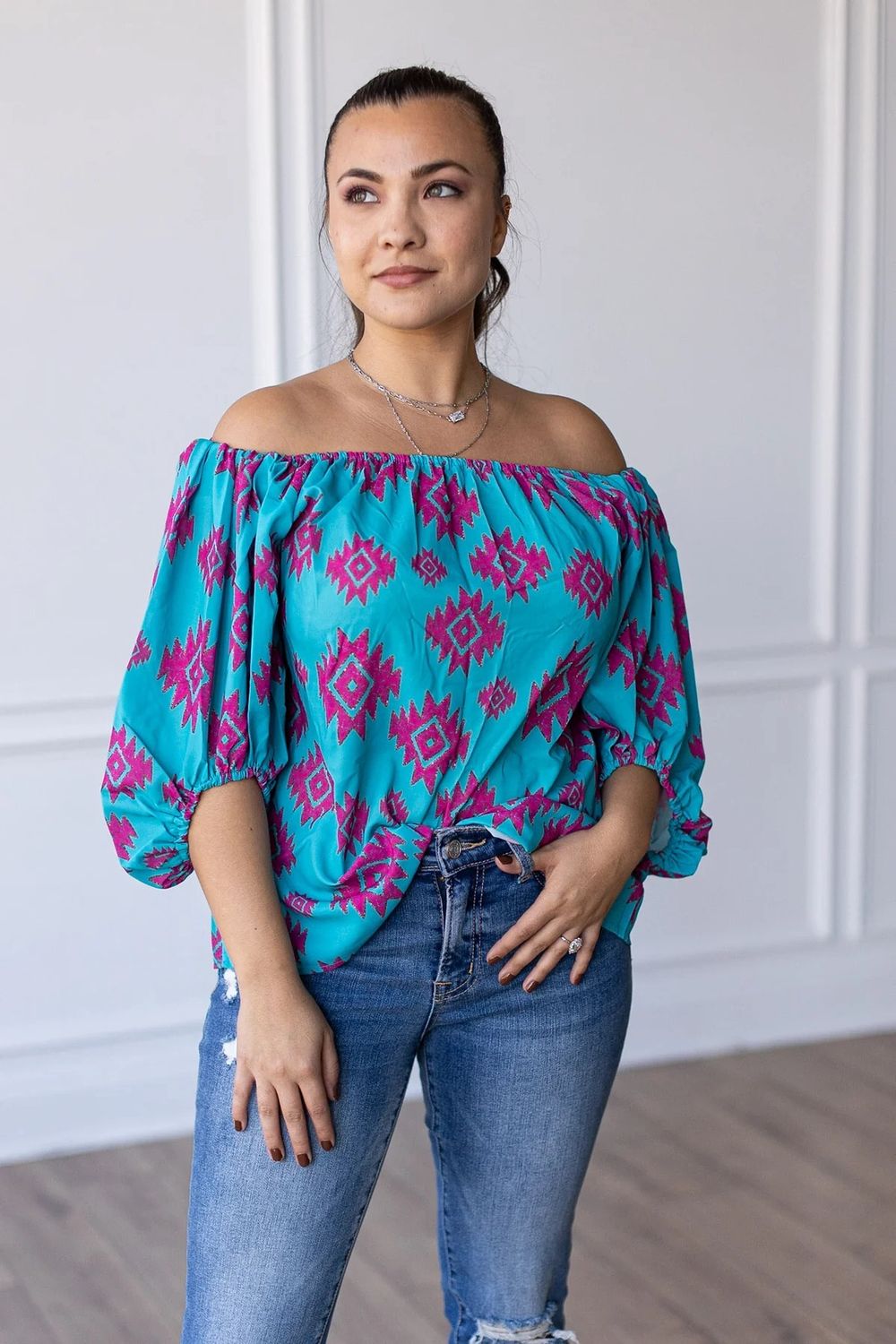RUSTIC TOUCH TURQUOISE OFF THE SHOULDER TOP.