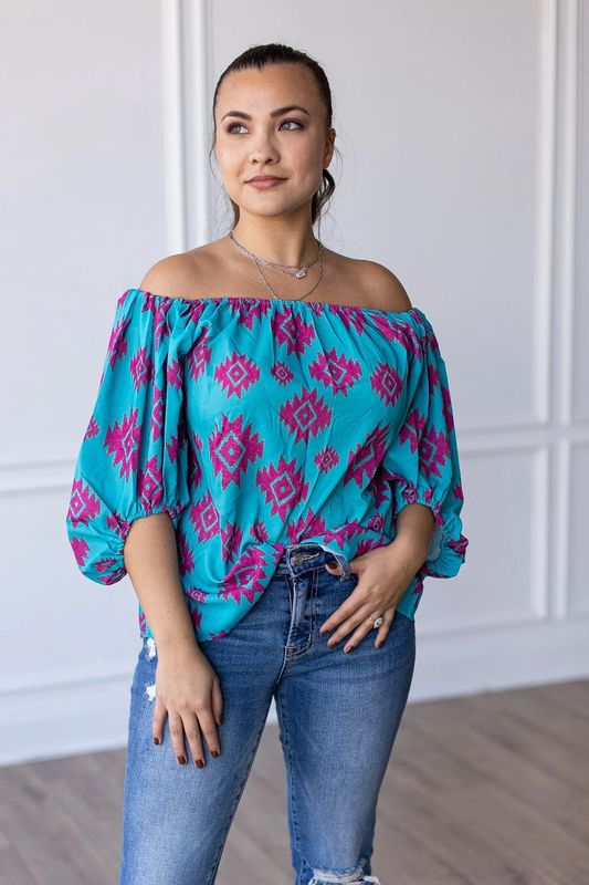 RUSTIC TOUCH TURQUOISE OFF THE SHOULDER TOP.